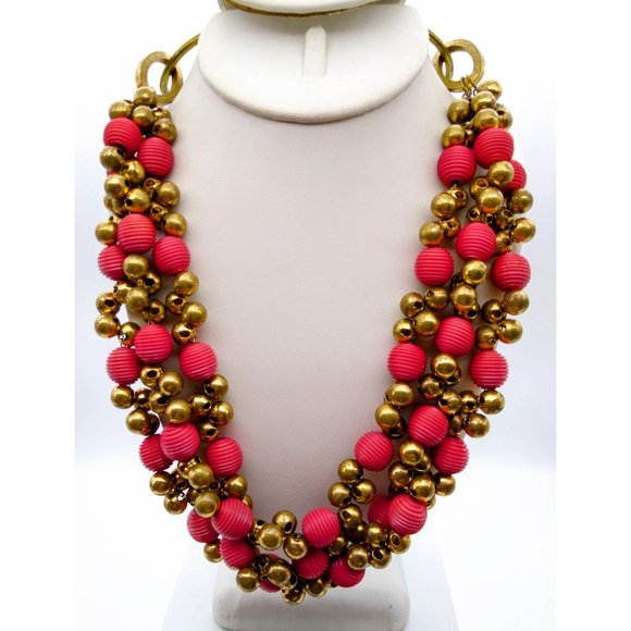 Vintage Dramatic Statement Necklace, Triple Strand Orange and Gold Bib w Brass - Picture 1 of 5